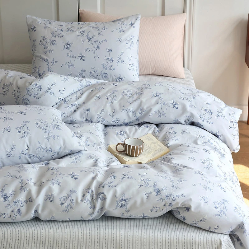 HighBuy Cozy Blue Floral Comforter Set King Size 3 Piece Bedding Comforter King with 2 Pillowcases Boho Style Comfy Soft King Comforter Set Women Girl All Season Bedding Collection