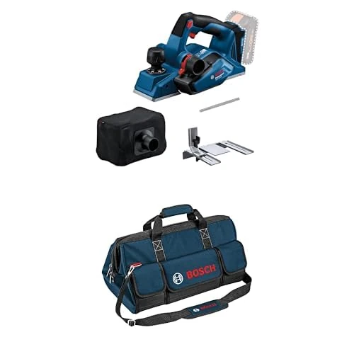 Bosch Professional 18V System Cordless Planer GHO 18V-26 (incl. Dust Bag, Parallel Guide, 1x Extra Wood Razor Blue) + Bosch Professional toolbag, Size L