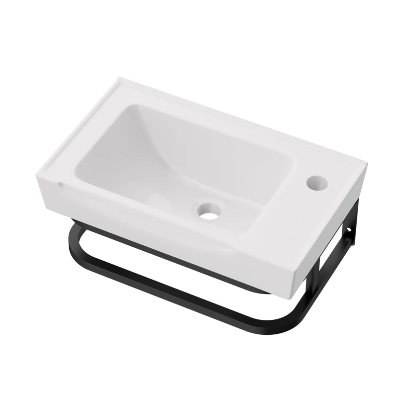 Lordear Wall Mounted Bathroom Sink with Towel Rack 20 x 11 Inch Modern Black Wall Hung Sink for ADA Bathrooms, Rectangular One Hole Porcelain Vanity Sinks