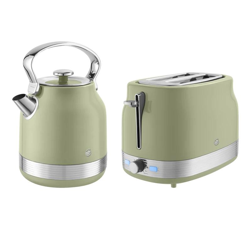 Swan Retro Kitchen Set, 1.7L Rapid Boil Traditional Kettle and 2 Slice Toaster, Non-Slip Feet, Green, SK14631GRN & ST19028GRN