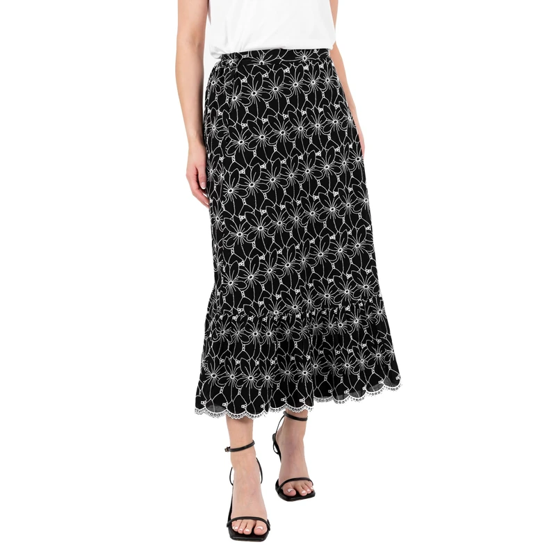 Lovedrobe Women's Midi Skirt Ladies Broderie Anglaise Floral Scalloped Tiered Hemline Monochrome Boho A-line Embroidered, Black 24