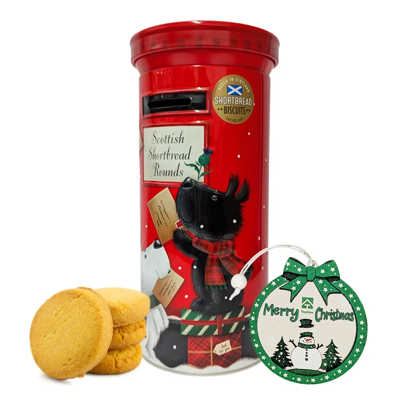 Post Box Shortbread Biscuit Tin - Charming Red Post Box Tin Filled with Scottish Shortbread Cookies 180g & Christmas Tree Decoration. Biscuits Gift Set for Stocking Fillers, Christmas Gifts for Kids