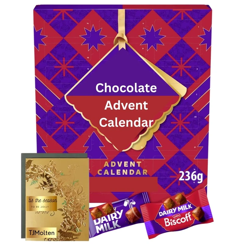 Chocolate Advent Calendar 2025 - Kids Advent Calendar Chocolate | Cadburys Advent Calendar Dairy Milk & Biscoff for Kids Teens & Adults | Countdown to Christmas 2025 with TJMolten Christmas Card 236g