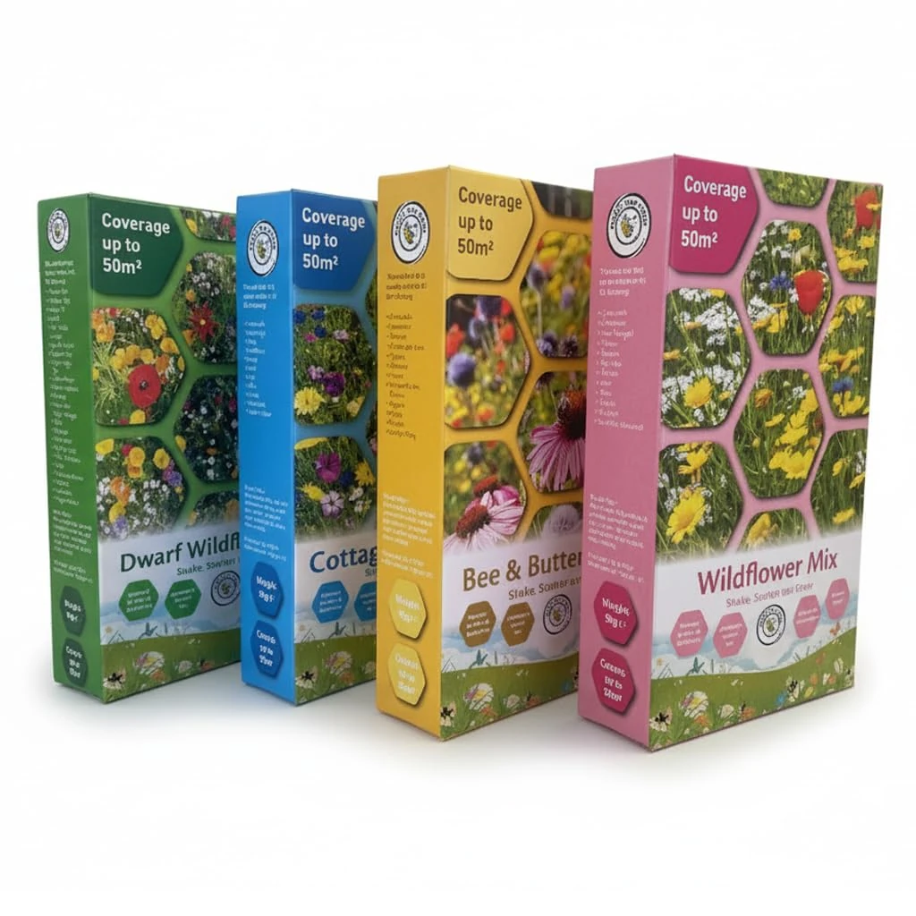 Wild Flower Seeds 4 Boxes Wildflower & Cottage Mix Scatter Boxes | 4x50m2 Box, 200m2 Coverage | Wildflower Seed Mix Attracts Bees and Butterflies UK Pollinators