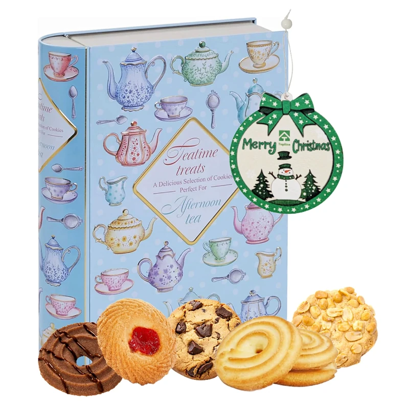 Afternoon Tea Book Biscuit Tin - Decorative Pastel Blue Book Filled with Assorted Chocolate Biscuits 260g & Christmas Tree Decoration. Biscuits Gift Set for Stocking Fillers, Christmas Gifts