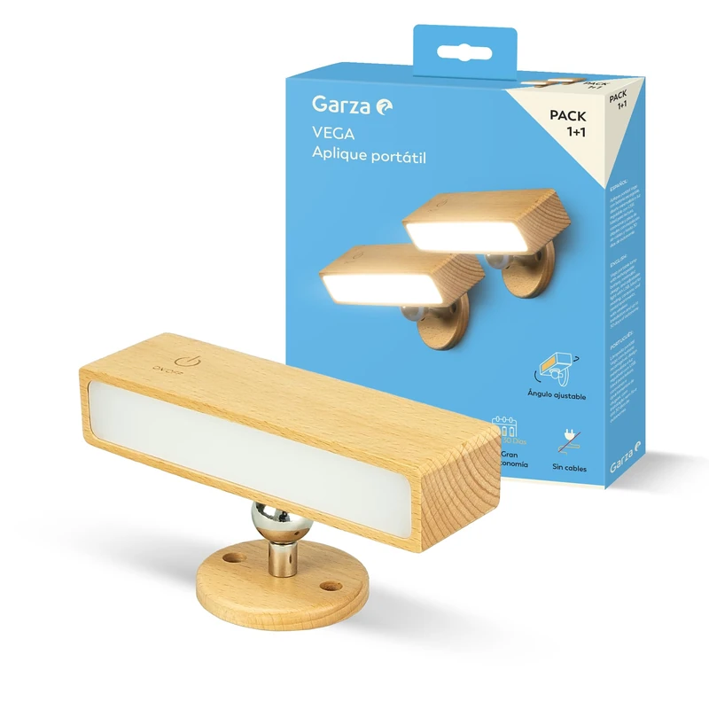 Garza - Vega Portable LED Wall Light, 2 W, 240 lm, Dimmable Light 4000 K, 3000 mAh Battery up to 30 Days, USB-C, Wireless Installation, Light Wood Design, 1 + 1 Pack - Image 1
