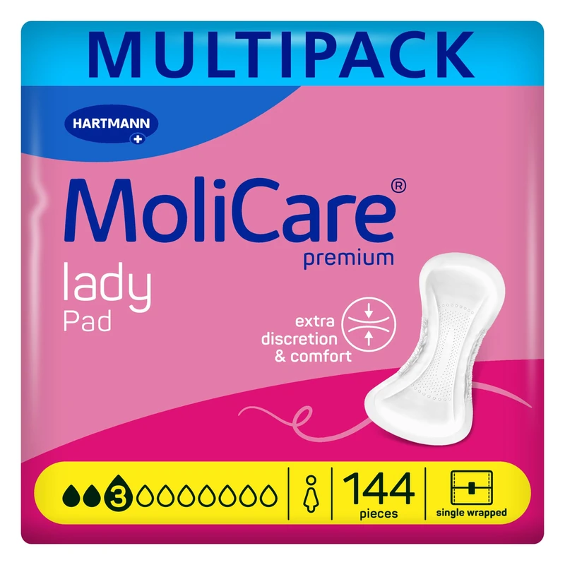 MoliCare Premium Lady Pad 3 Drops Discreet Pads for Women with Light Bladder Weakness, Odour Neutraliser, Extra Leakage Protection, Advanced Skin Protection, 12 Packs of 12 Pads (144 Pieces)