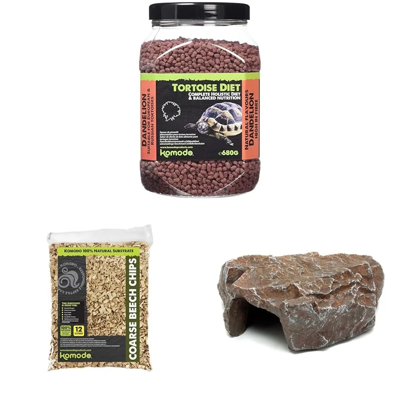 Komodo Complete Holistic Tortoise Diet Dandelion 680 g, Coarse Beech Chips 12 L & Brown Rock Den Large – Tortoise Food, Substrate & Hideout Kit