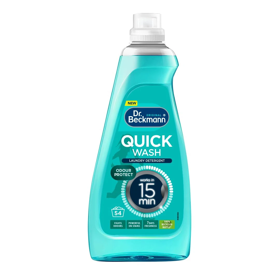 Dr. Beckmann Quick Wash – Odour Protect |Deep clean laundry | Works in 15 mins |Powerful on stains |Plus Colour run protection |7 days freshness |1620 ml (54 Washes) |100% recycled bottle*
