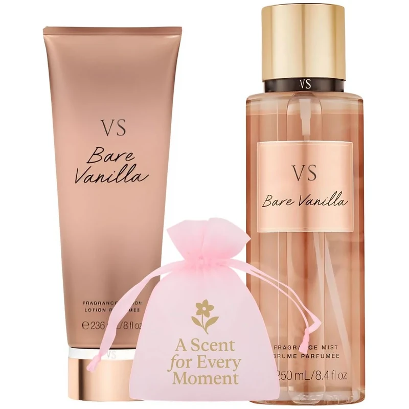 VS Bare Vanilla Fragrance Mist 250ml & Body Lotion 236ml Bundle with Pink Jewellery Bag | Women’s Body Spray & Moisturiser Gift Set