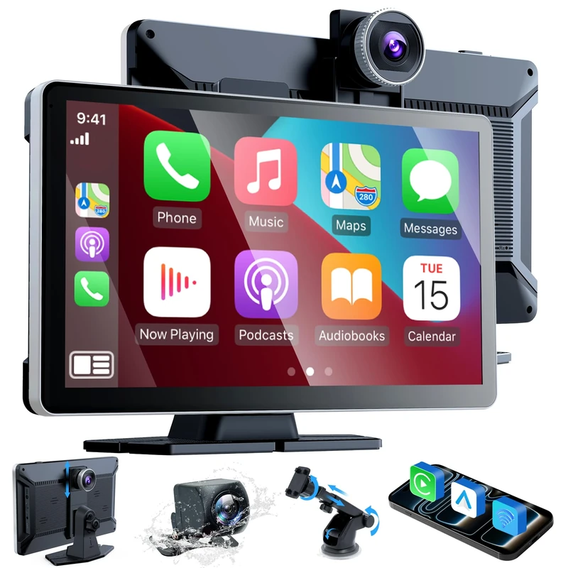 9 Inch Car Stereo with Apple Car Play & Android Auto,Portable Touch Screen Car Player Wireless Car Play Screen with Voice Control, with 4K Front+Rear 1080P Dual Camera Dash Cam (9 Inch+2 Camera)