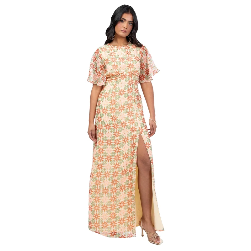 Anaya with Love Women's Maxi Dress Ladies Recycled Floral Print Flutter Sleeve Round Neck Split Open Back A-line Wedding Guest Evening, Multi, 8