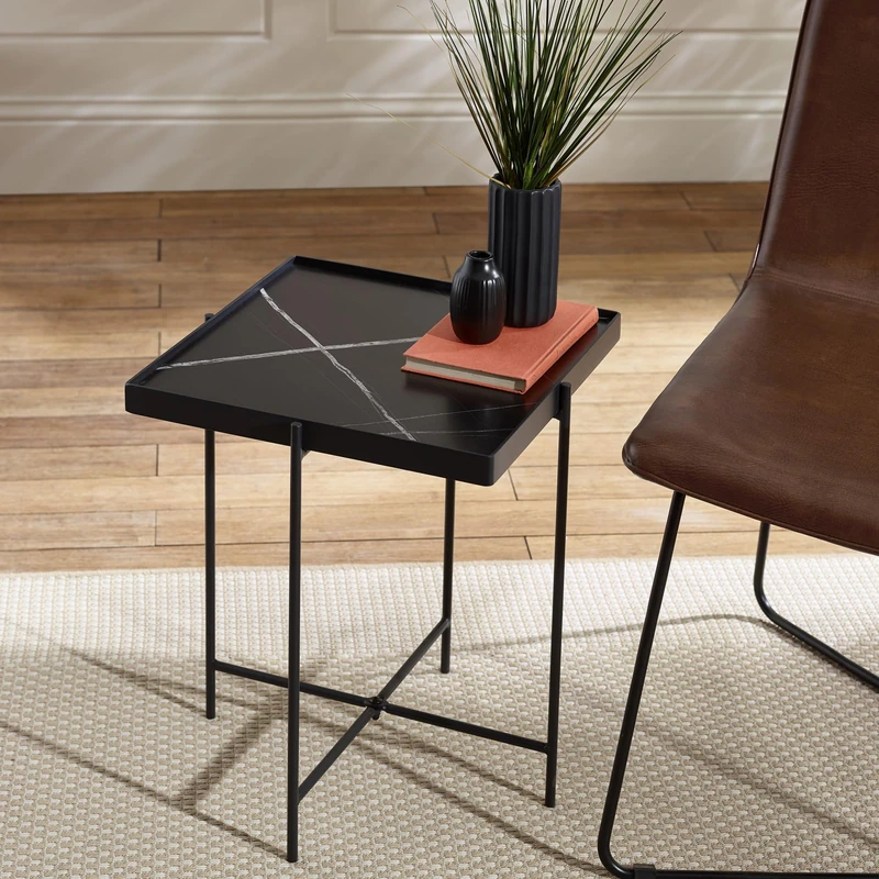 Julian Bowen Celia Side Table - Small End Table with Raised Lip and Black Metal Frame, Square Marble Effect Modern Bedside - W 40 x H 47cm