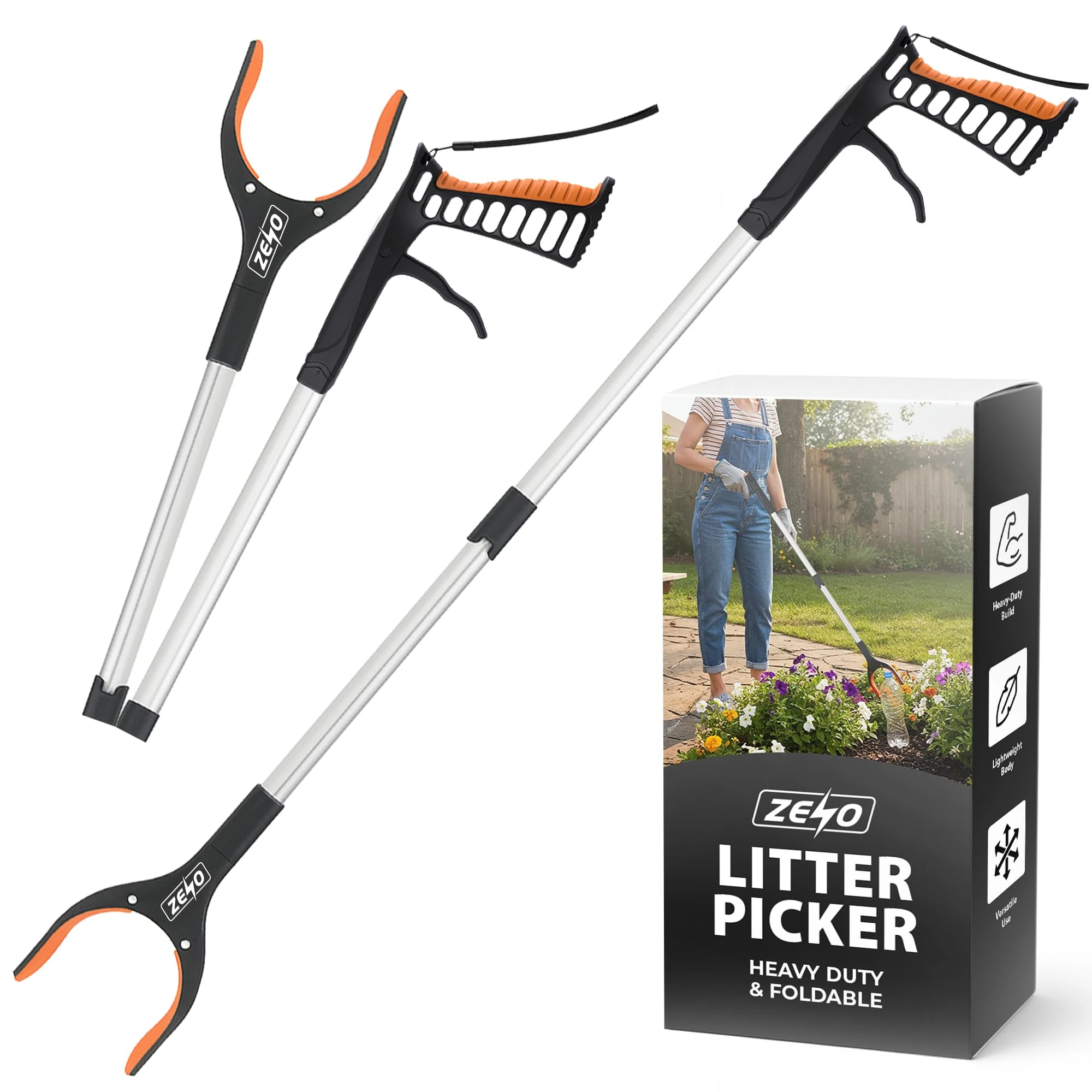 ZENO Litter Pickers Grabber Stick | Grabber for Adults, Disabled, and Elderly | Heavy Duty Litter Picker with Foldable Design, 90° Rotating Head | 83CM Long Helping Hand Grabber