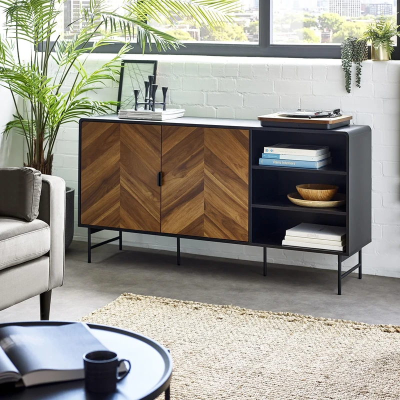 Julian Bowen Alvin Black Sideboard - Storage Cabinet with 2 Doors & Open Shelves for Living Room, Retro Wood Effect Chevron Design - H 82 x W 160cm