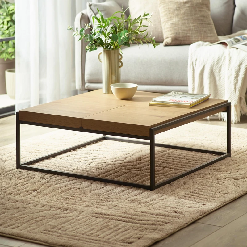 Julian Bowen Ezra Tray Coffee Table - Wooden Living Room Table with 4 Removable Trays & Black Metal Legs, Square Modern Industrial Design - 83cm