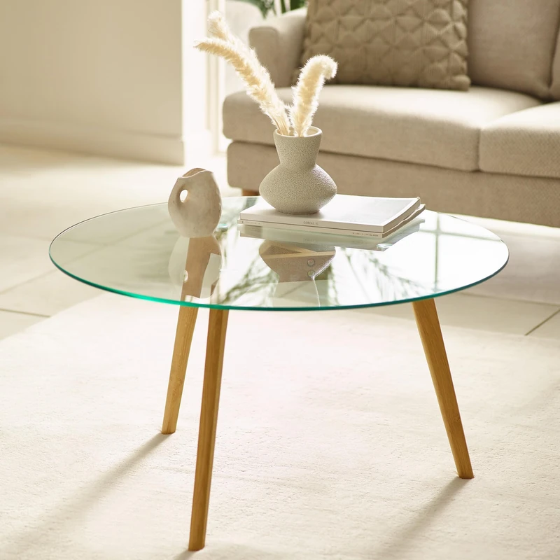 Julian Bowen Bryant Round Coffee Table - Glass Living Room Furniture with Wooden Legs, Large Centre Table - W 80cm x H 45cm