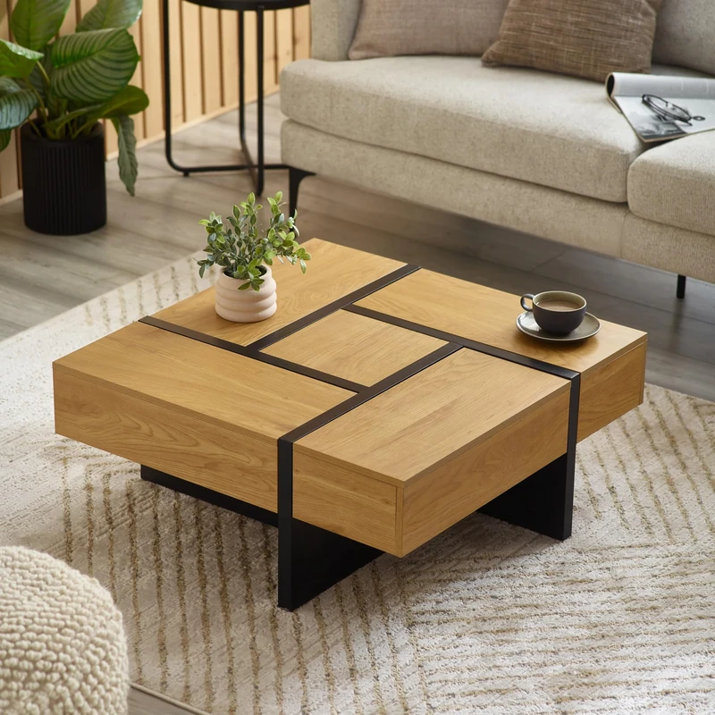 Julian Bowen Tahoe Coffee Table - Storage Living Room Table with 4 Drawers, Square Modern Black and Oak Effect Furniture - W 80 x H 34cm