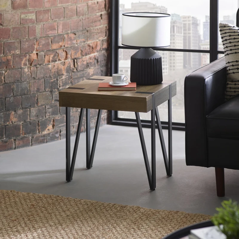 Julian Bowen Troy Side Table - Small End Table with Black Metal Hairpin Legs, Square Walnut Effect Industrial Bedside for Living Rooms - 50cm