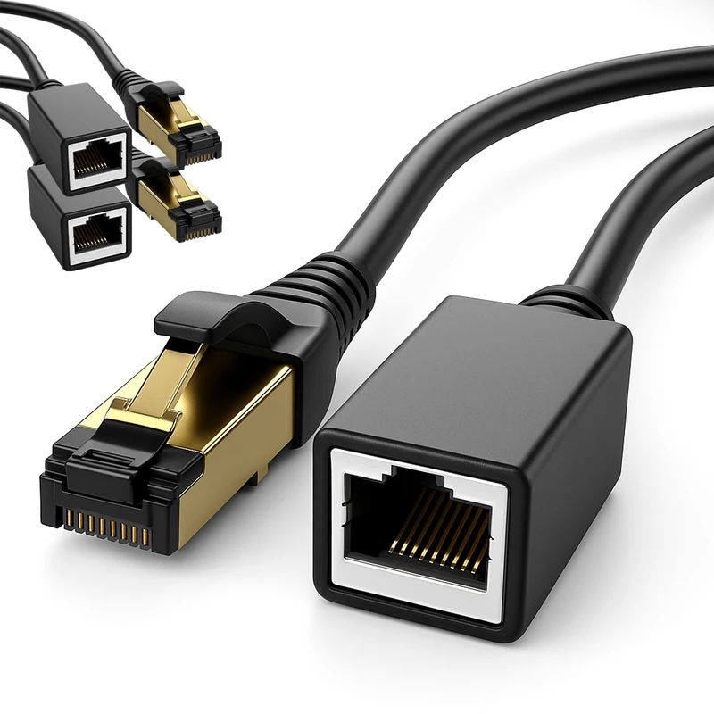 1aTTack.de 3 x 2 m CAT8.1 RJ45 Extension CAT8 Patch Cable Network Cable 40 GBit/s 2000 MHz S-FTP Copper PIMF 1x RJ45 Connector 1 x RJ45 Socket for LAN Ethernet Gaming Streaming - Black - Image 1