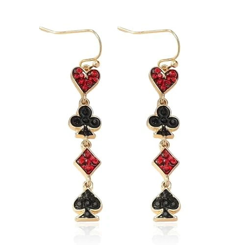 Queen Of Hearts Earrings Red Heart Dangle Card Earrings Asymmetric Queen Of Hearts Costume Women Halloween Casino Outfits Dress Jewelry Gifts, Metal, No Gemstone