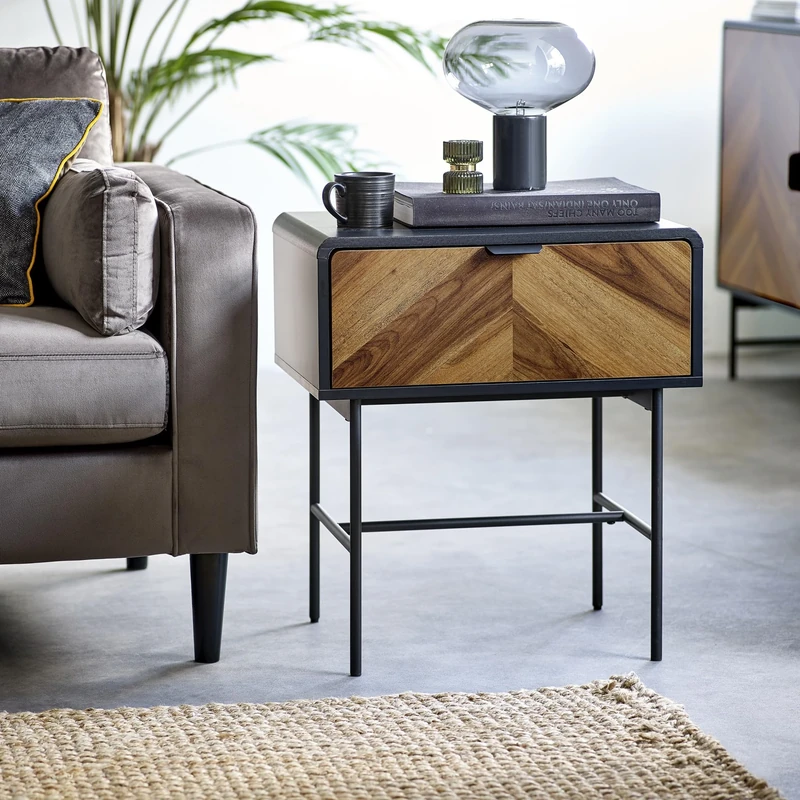 Julian Bowen Alvin Black Side Table - Small End Table with 1 Drawer for Living Room, Dark Wood Effect Chevron Bedside, Retro Design - H 63 x W 56cm