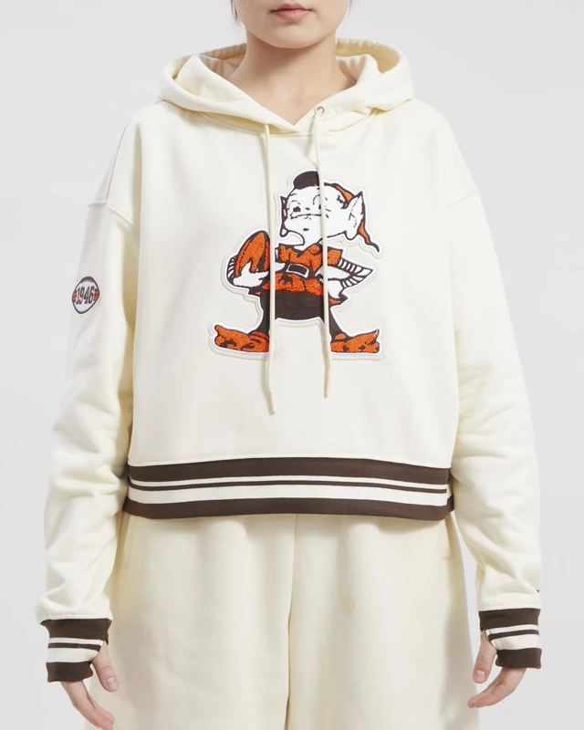 Pro Standard Womens NFL Cleveland Browns Retro Classics Cropped Pullover Hoodie Eggshell/Brown Xl