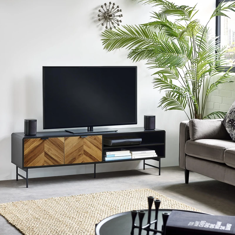Julian Bowen Alvin TV Stand - Black TV Unit for up to 65" TVs with Doors and 2 Open Shelves, Retro Dark Wood Effect Chevron Design - W 150 x H 52cm - Image 1