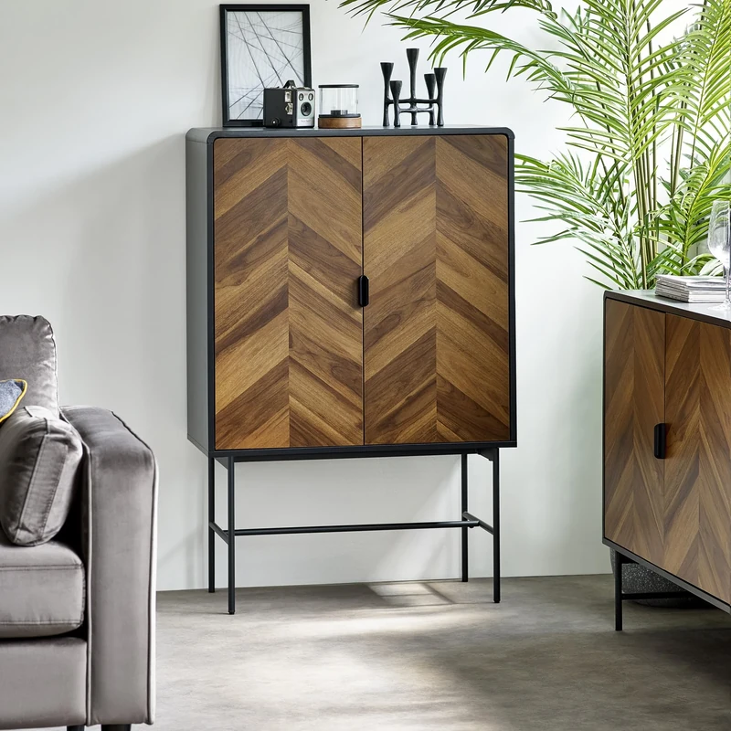 Julian Bowen Alvin Black Sideboard - Storage Cabinet with 2 Doors for Living Room, Retro Dark Wood Effect Chevron Design - H 122 x W 80cm