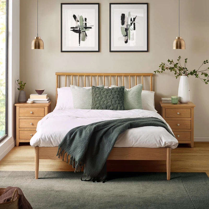 Julian Bowen Belton King Bed - Solid Oak Kingsize Bed Frame with Spindle Headboard, 150x200cm/5ft, No Box Spring Needed, Mid-Century Modern - H 102 x D 219cm