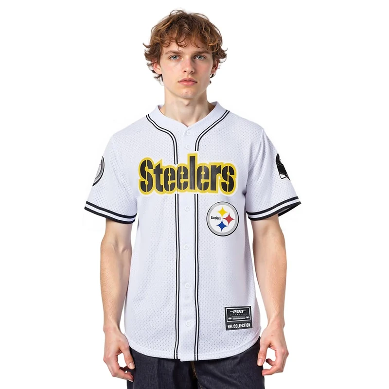 Pro Standard Mens NFL Pittsburgh Steelers Mesh Button Down Top White/Black/White L - Image 1