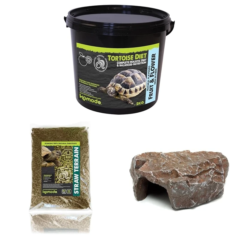 Komodo Tortoise Diet Fruit & Flower 2kg + Straw Terrain 12L + Brown Rock Den Large | Complete Nutrition, Natural Bedding & Safe Hideout for Tortoises & Reptiles