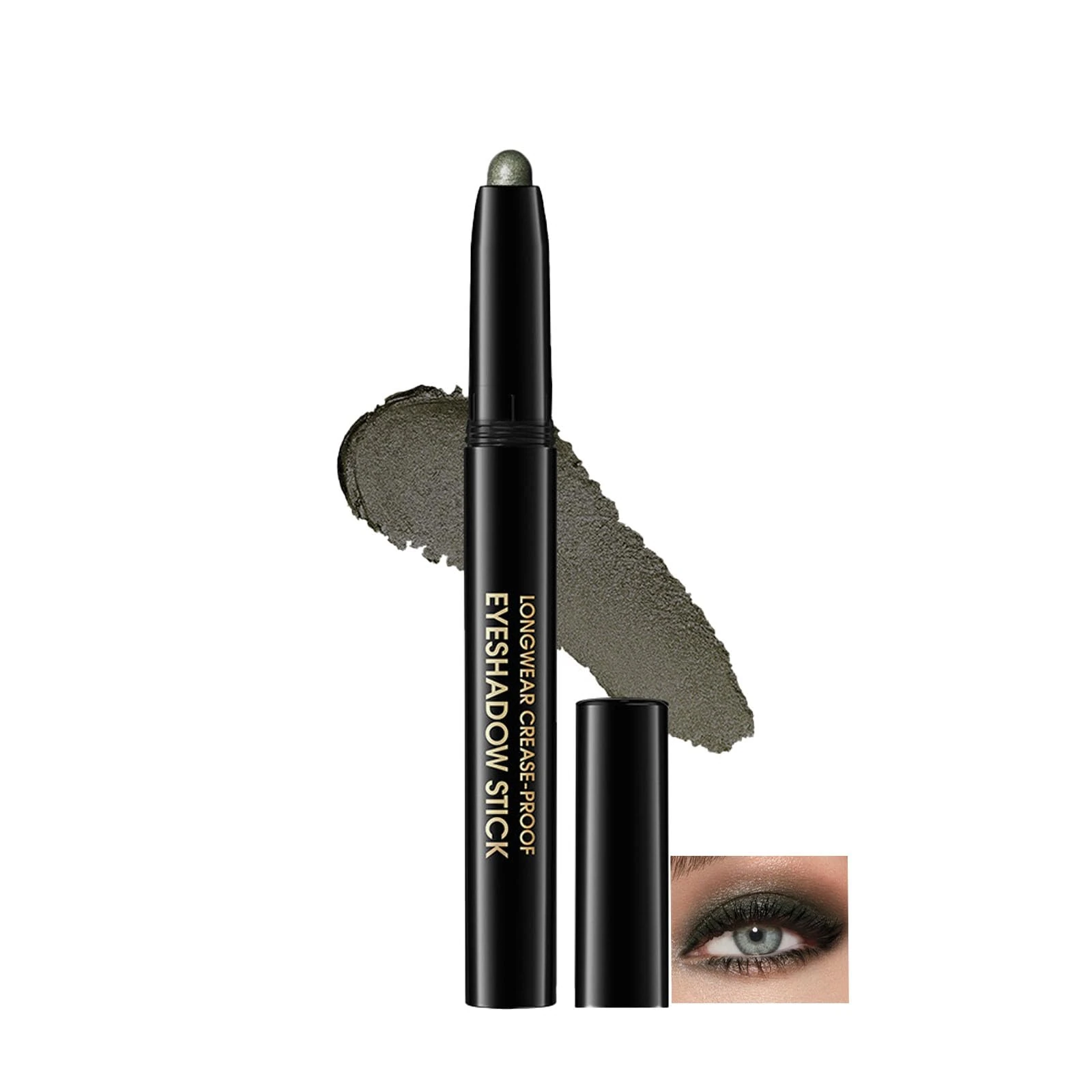 Shimmer Eyeshadow Stick Waterproof Long-Lasting Cream-to-Powder Eye Pencil with Built-in Primer Smudge-Proof Blendable Eyeliner and Highlighter Makeup for Mature Women Travel Use (Bottle Green)