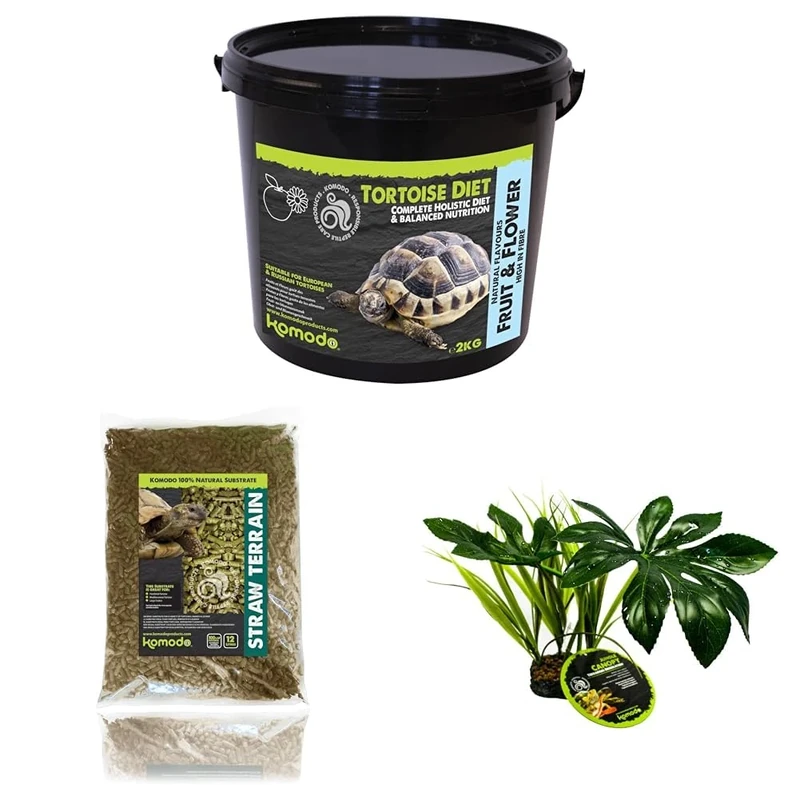 Komodo Tortoise Diet Fruit & Flower 2kg + Straw Terrain 12L + Jungle Canopy Plant | Complete Nutrition, Natural Bedding & Habitat Décor for Tortoises & Reptiles