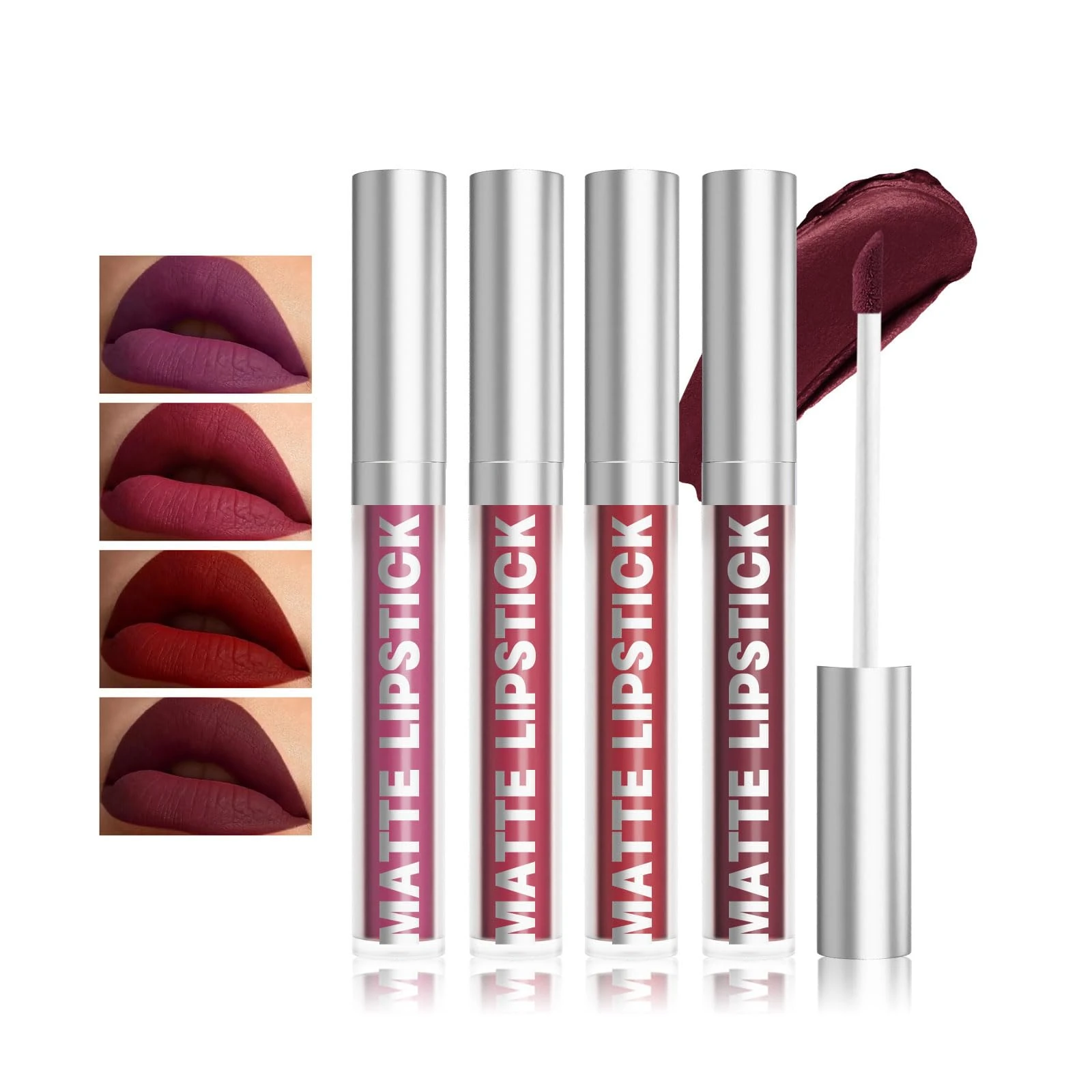 Matte Lip Gloss Set, 4 PCS Purple Dark Red Lipsticks, Waterproof Non-stick Cup Full-Coverage Highly Pigmented Liquid Lipstick Kit, Tinted Lip Balm for Women Make Up Gift