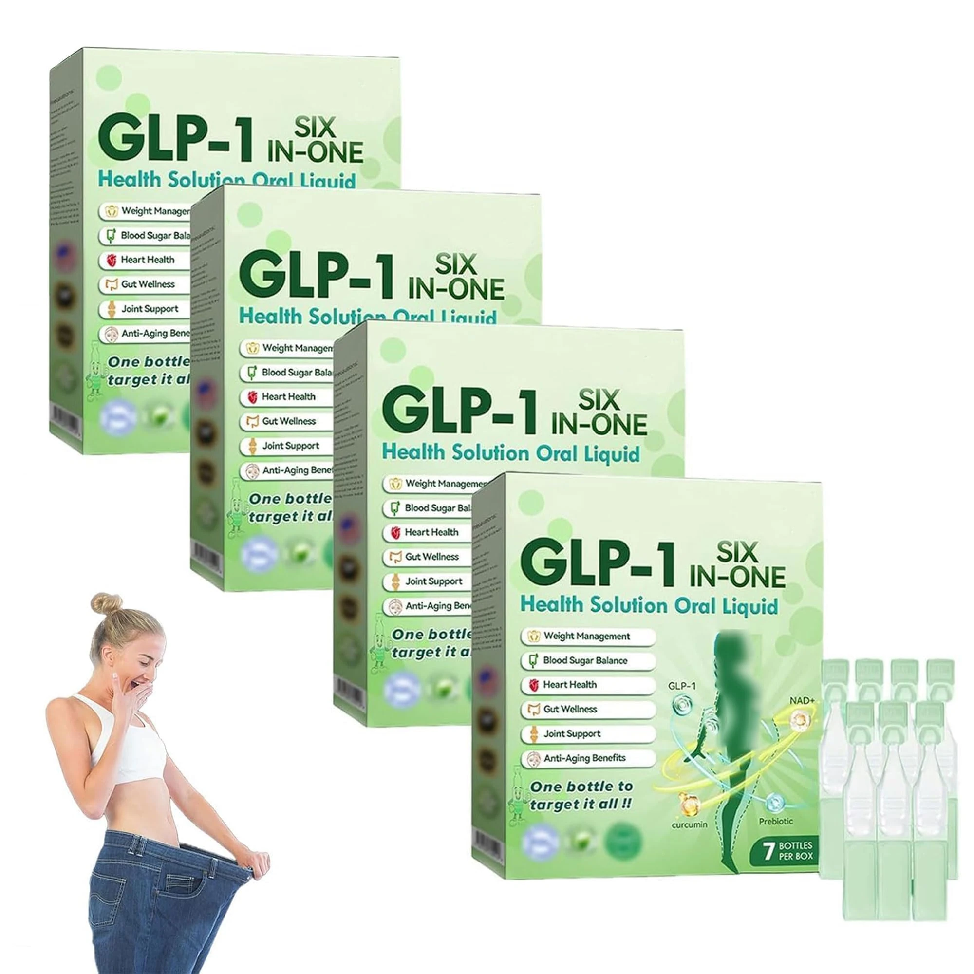 GLP-1 Six-in-One Health Solution OralLiquid, Advanced GLP-1 Oral Liquid, GLP-1 Drops, GLP-1 WeightLoss Drops, Natural Plant Extract, for Men & Women（4 Box*7Pcs）