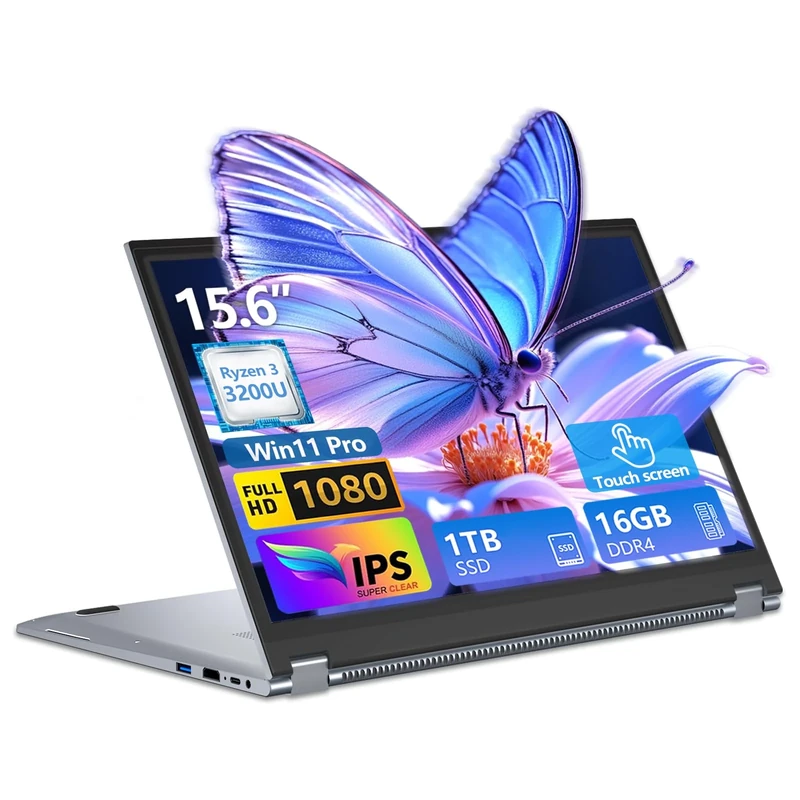Txxren 15.6 inch 2 in 1 Laptop, Ryzen 3 3200U CPU 16GB RAM 1TB SSD Notebook, 1920x1080 Display Laptops with RJ45, Type-C, USB 3.0, ultra-narrow thin and light Laptops Computer