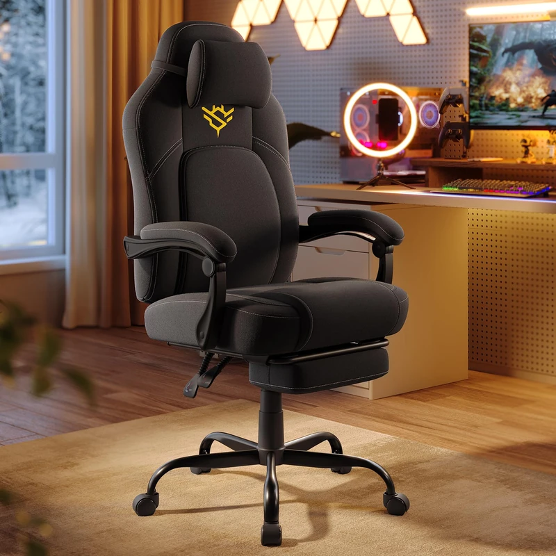 SONGMICS HOME Gaming Chair, Ergonomic Computer Chair with Footrest, Video Game Chair with Headrest, Cotton-Linen Fabric, Adjustable Height, Ink Black OBG072BH04