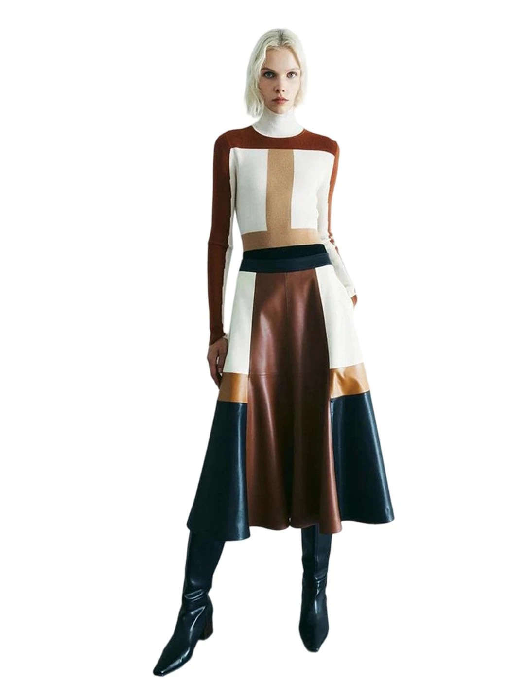 Women Spring Autumn Long Color Block Patchwork Soft Pu Leather High Waist A Line Mini Skirt Color Block L