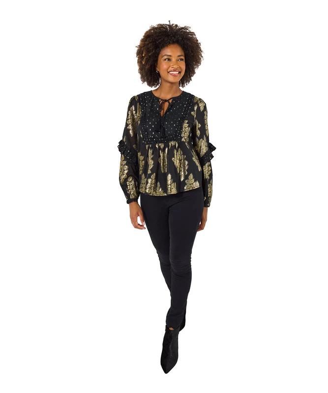 Joe Browns Women's Neck Tie Jacquard Top, Regular, Black, UK 12