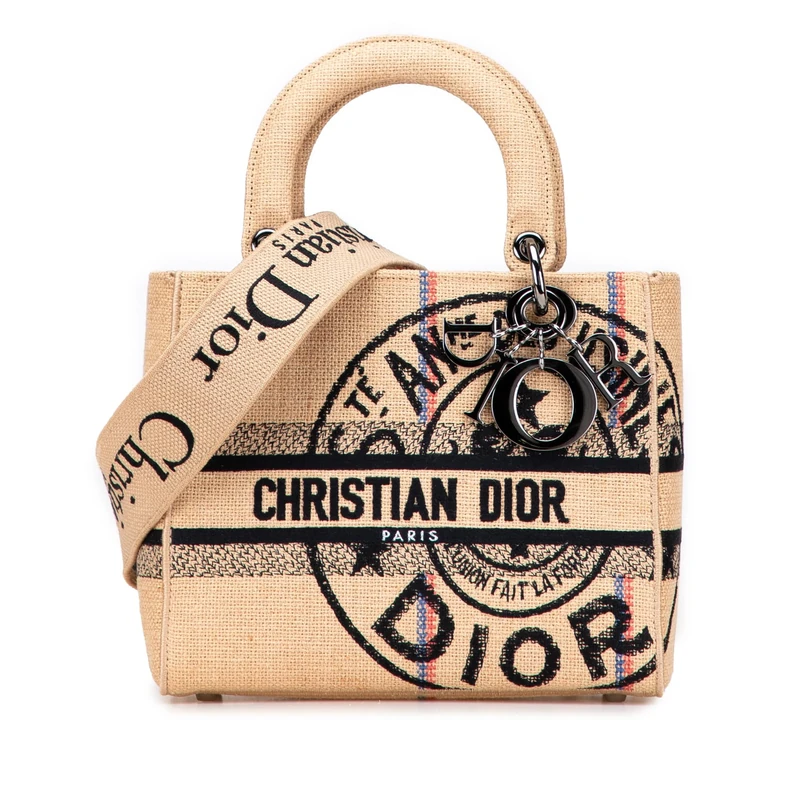 Dior Pre-Loved Medium Jute Embroidered Lady D Lite Handbag