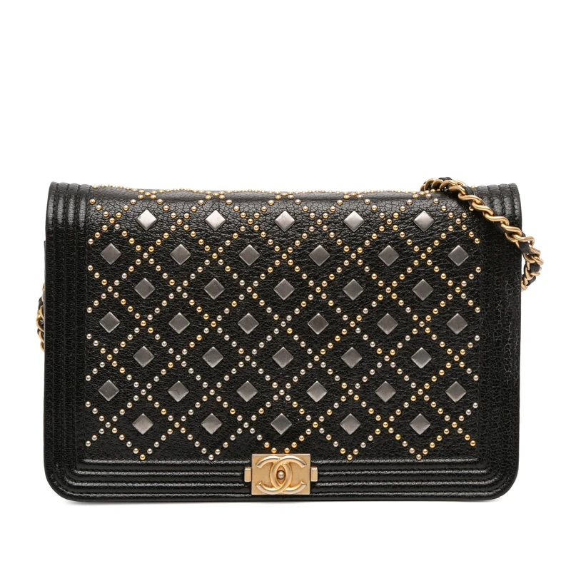 Chanel Pre-Loved Studded Grained Calfskin Boy Wallet On Chain Handbag
