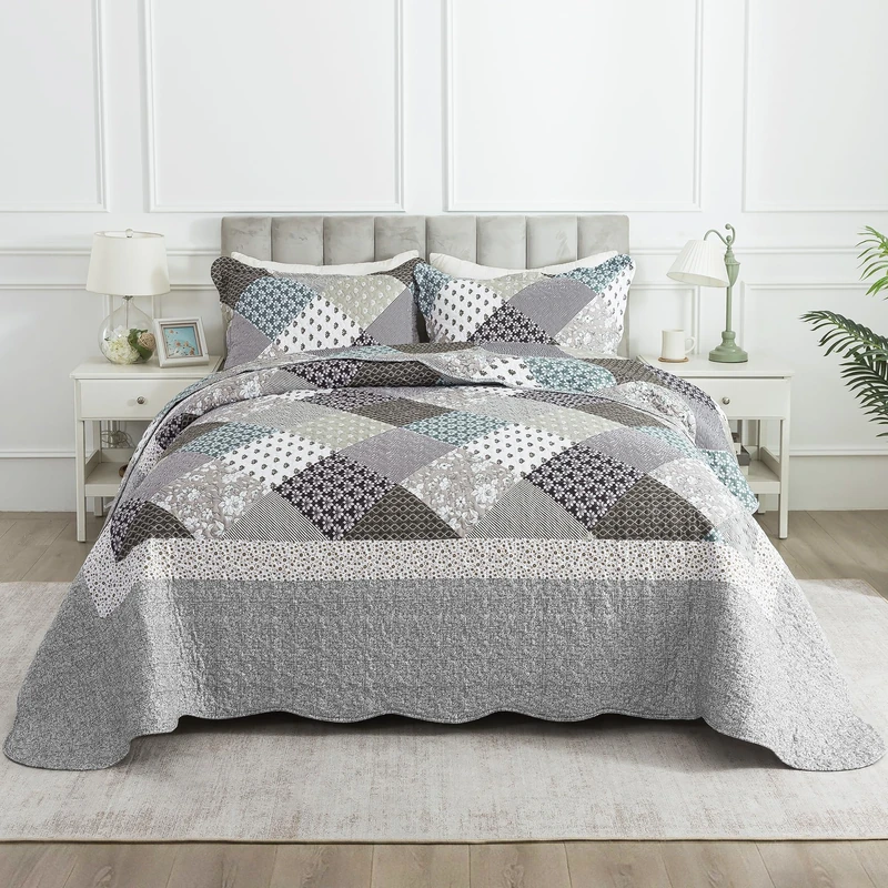 HoneiLife King Size Quilt Set - 3 Piece Microfiber Quilts Reversible Bedspreads Patchwork Coverlets Rustic Bedding Set for King Bed