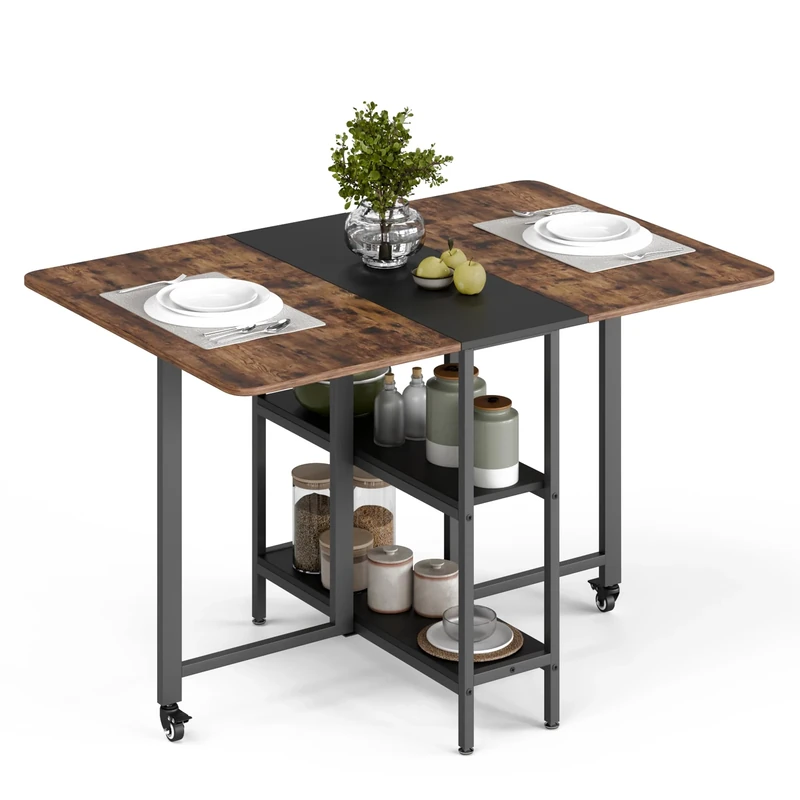 Mondeer Folding Dining Table, Drop Leaf Table with Wheels and 2 Tier Storage Shelves for Small Spaces Dining Room Kitchen, 120 x 80 x 75 cm, Rustic Brown and Black