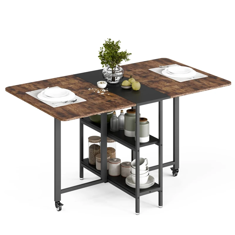 Mondeer Folding Dining Table, Drop Leaf Table with Wheels and 2 Tier Storage Shelves for Small Spaces Dining Room Kitchen, 140 x 80 x 75 cm, Rustic Brown and Black