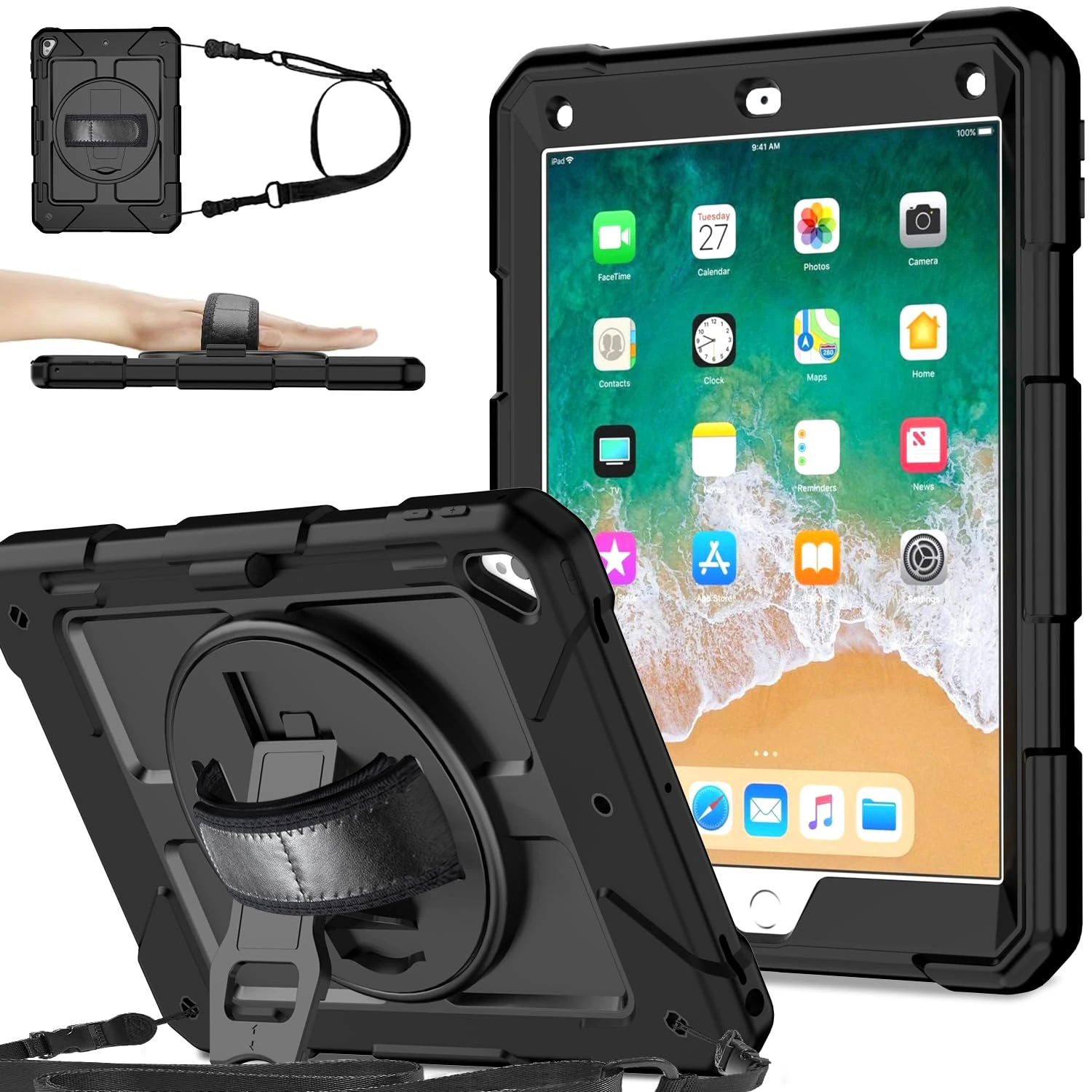 SINSO Case for iPad 6th/5th Generation 9.7 Inch 2018/2017, Air 2/Pro2016, Shockproof Protective ipad Cover with 360 Rotating Stand/Hand Strap/Pencil Holder, Black