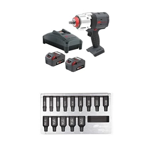 Ingersoll-Rand W7153-K22B-EU DXS2 1/2" 20V Cordless Impact Wrench 2 Battery Kit, 1600 ft-lb, Friction Ring with 14-Piece DXS2 Drive Hex Deep SAE Imperial Impact Socket Set, Chrome-Molybdenum Steel