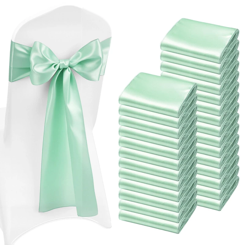 VEVOR Satin Chair Sashes Bows, 100PCS Chair Ribbon Ties Back Sash, 7 x 108 inch, Light Green Wedding Reception Decoration, for Wedding Ceremony Baby Shower Party Events Banquet Chair Cover Decoration