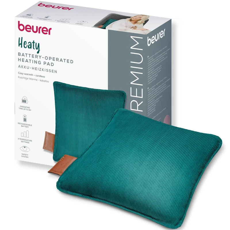 Beurer Heaty Heat pad, Cordless Heating pad and up to 8 Hours of Heat, Heating pad with Automatic Switch-Off Function and 3 Temperature Settings, with Fast Heating, Soft Corded Fabric, Dark Green