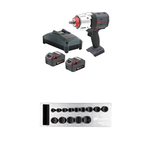 Ingersoll-Rand W7153-K22B-EU DXS2 1/2" 20V Cordless Impact Wrench 2 Battery Kit, 1600 ft-lb, Friction Ring with DXS2 Drive Hex SAE Imperial Impact Socket Set, 14-Piece, Chrome-Molybdenum Steel